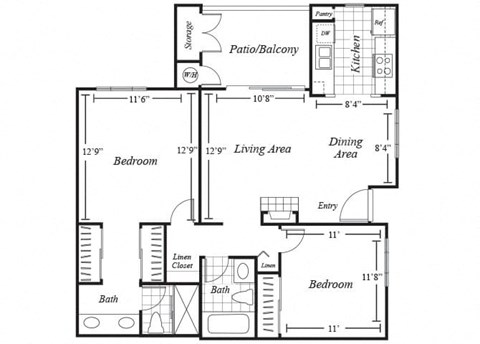 Floor plan for 2 beds, 2 baths, 910 sqft